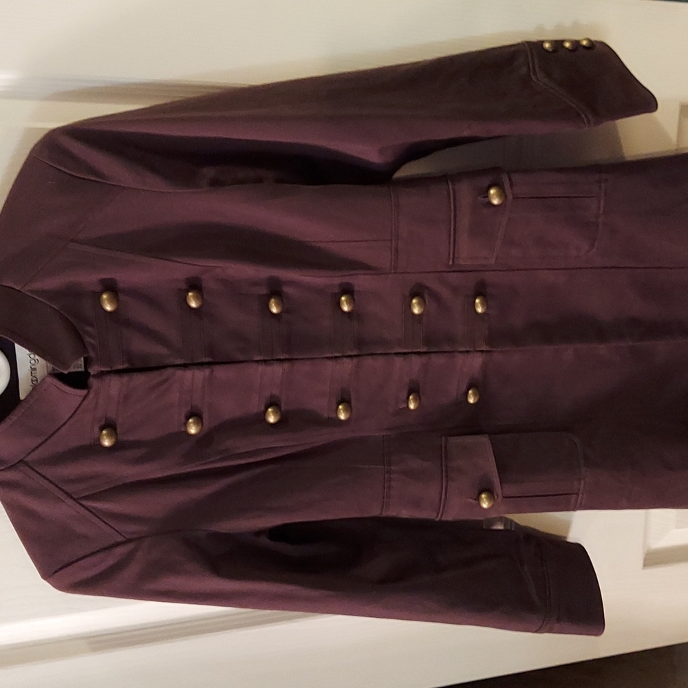 Bloomingdale's Long Brown Tailored Dress Jacket 8P Stand Collar Button Detail - Picture 1 of 5